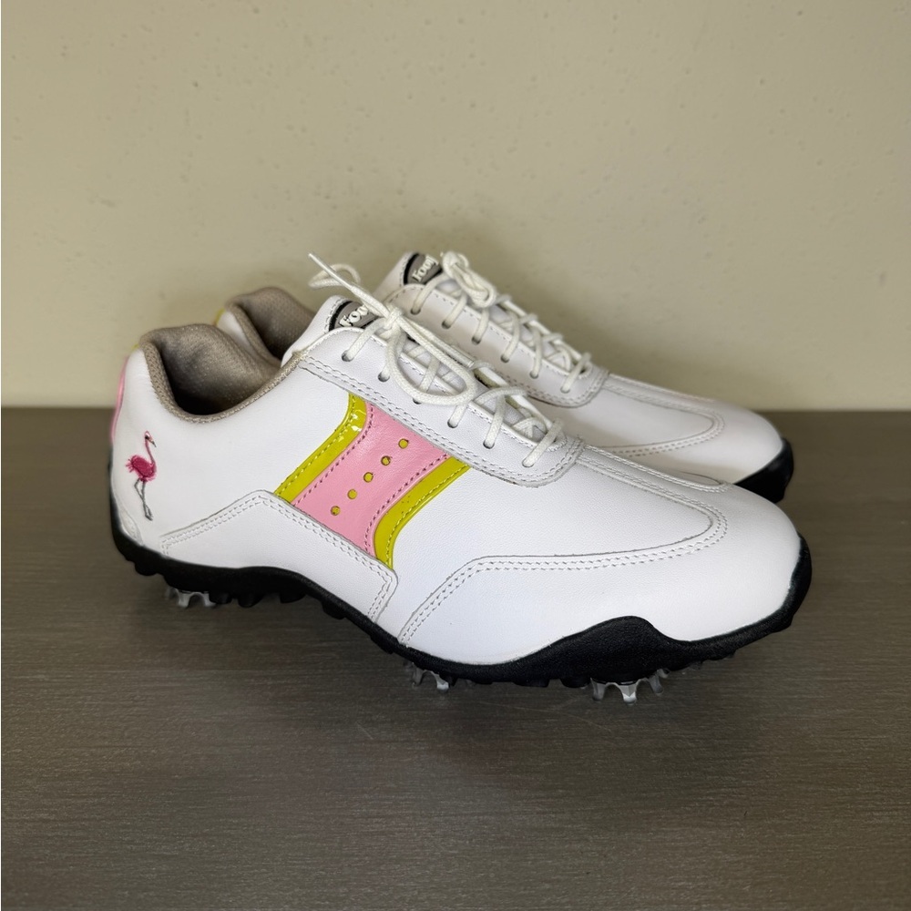 FootJoy MyJoys Custom Flamingo Pink Yellow Leather Golf Shoes Womens Size 6.5 M